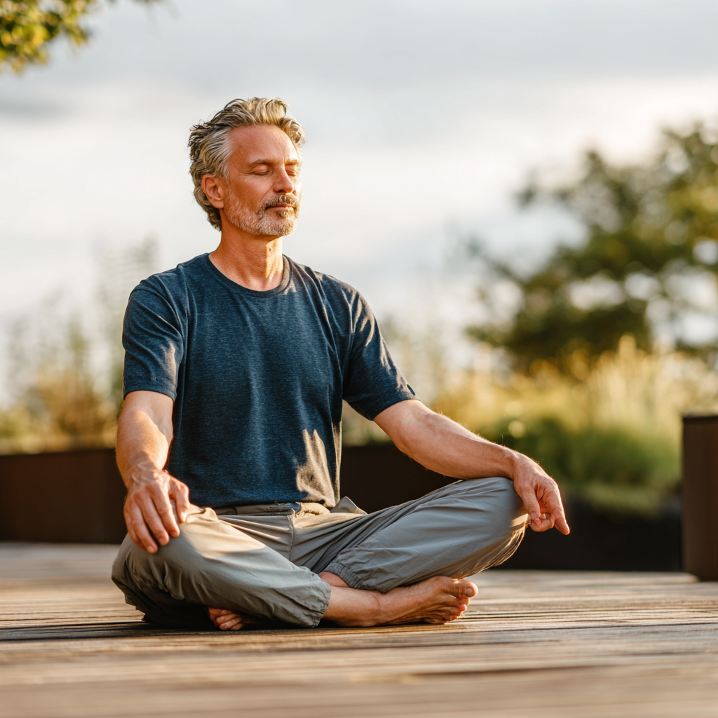 Middle-aged adult practicing gentle yoga stretches in peaceful setting