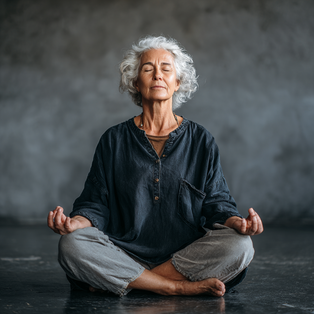 Older adult in peaceful meditation pose showing inner strength and calm